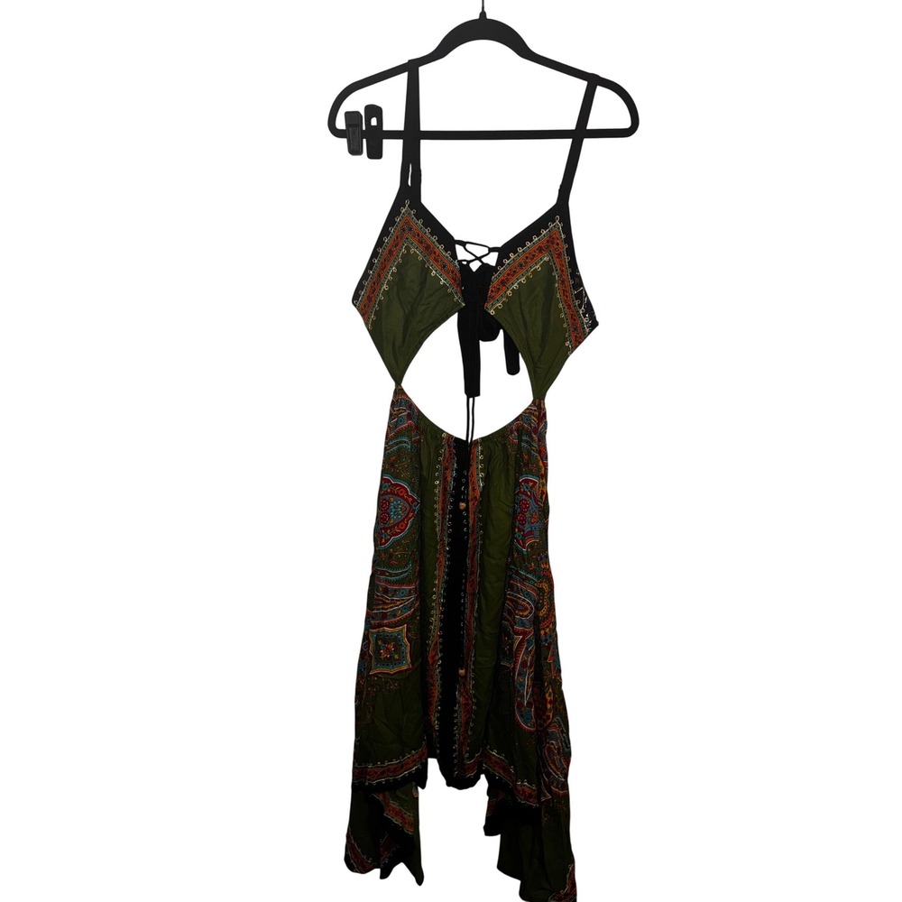 Boho Paisley Cutout Lace Up Handkerchief Hem Midi Dress Olive Green Festival OS